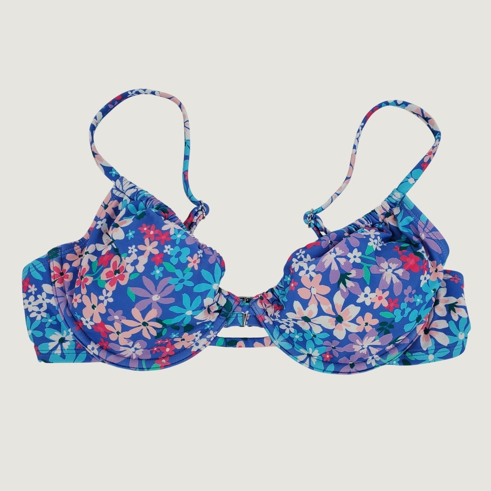 Cupshe Underwire Bikini Top Medium Blue Floral Lined Adjustable Padded Stretch